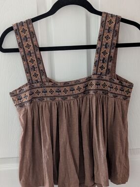 Lucky Brand Brown Embroidered Square-Neck Cropped Tank